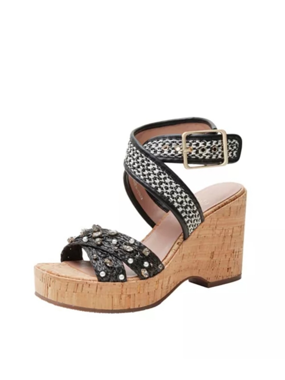 Paolo Varena Black Woven Platform Cork Wedge Sandal with Embellished Straps